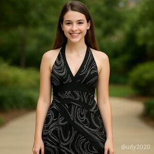 La Belle‎ Black & Silver Halter Cocktail Dress Metallic Swirl Pattern Dress S